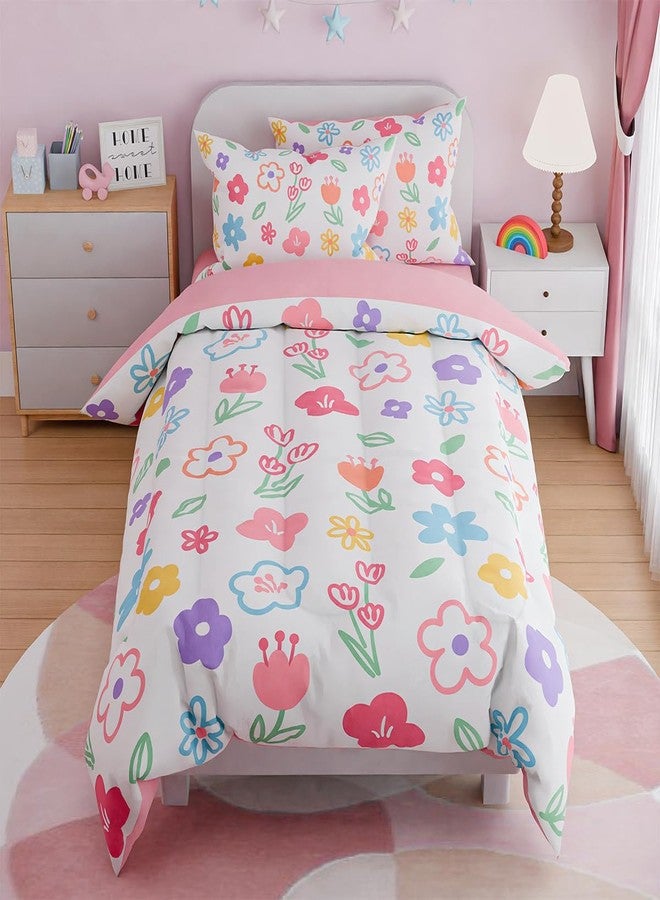 SANDJEST Floral Full Bedding Sets for Girl, Ultra Soft Microfiber Comforter Bed Set with 4-Pieces, Flower Comforters Sets for Kids Children Girl Teen Tween Bedroom Decor - Image 1