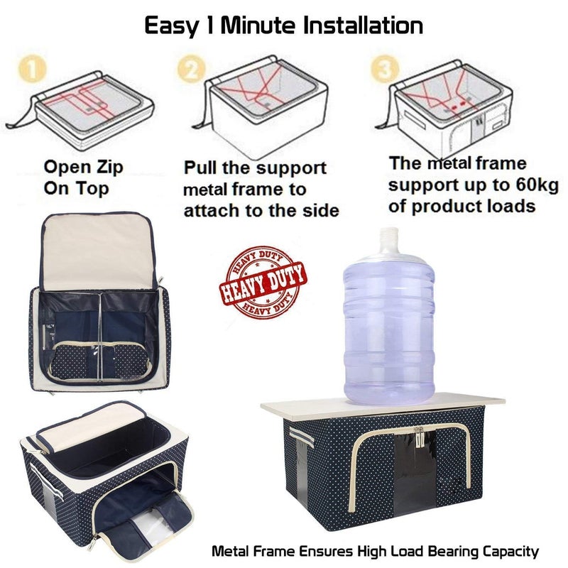 TIREE TIREE Steel Frame Double Opening Zipped Storage Organizer Bag with Window Foldable UnderBed Wardrobe Box for Clothes Sarees Blankets and Bed Sheets 66 Ltr Pack of 1  - Image 3