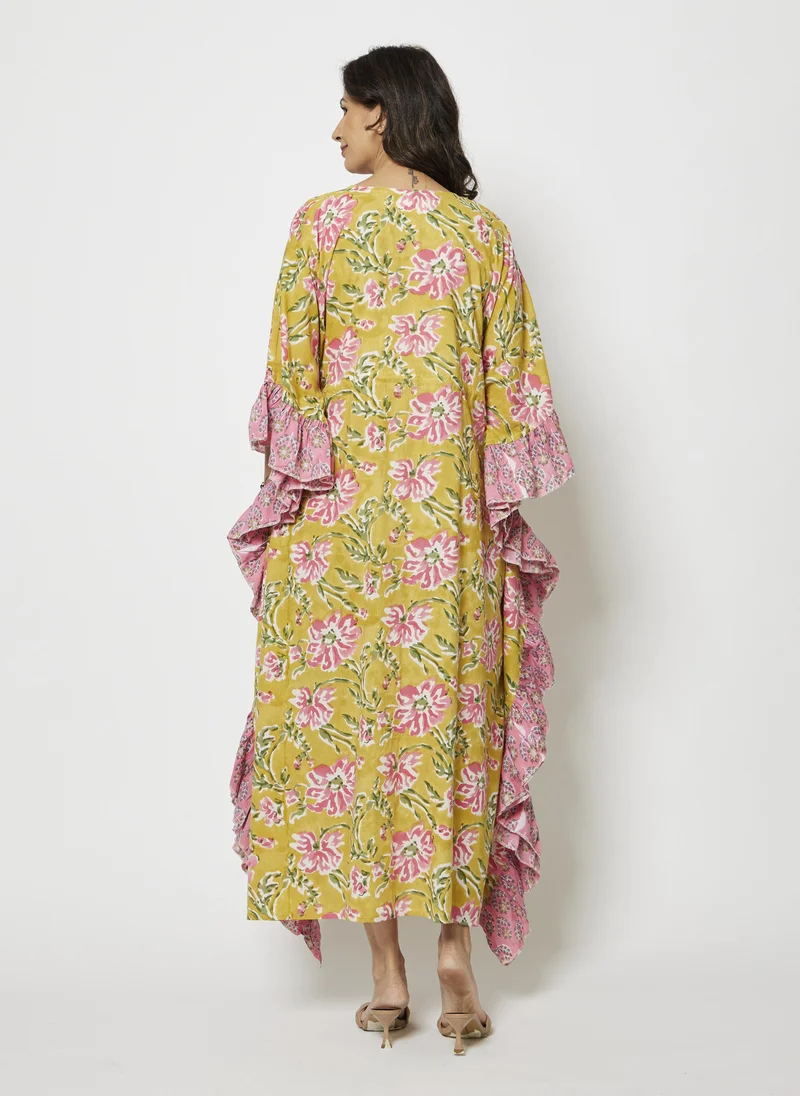 Kyshmysh  YELLOW FRILL CAFTAN for Women | Best Price UAE