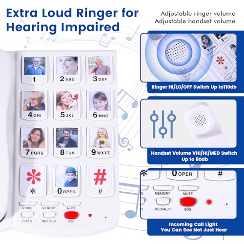 Sacumea Big Button Phone for Seniors, Corded Landline Telephone with Large Number Keys, 10 Picture Memory One-Touch Dial, Extra Loud Ringer, Easy to Use for Dementia/Alzheimer's & Visually Impaired Elderly - Image 5