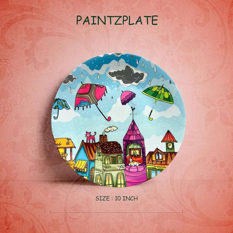 PAINTZSTORIES طبق زخرفي PAINTZSTORIES احتضان متعة المطر II عمل فني II فن الجدران II ديكور المنزل II ديكور غرفة المعيشة II أطباق خزفية II 10 بوصة - Image 3