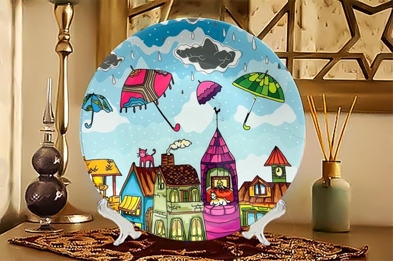 PAINTZSTORIES طبق زخرفي PAINTZSTORIES احتضان متعة المطر II عمل فني II فن الجدران II ديكور المنزل II ديكور غرفة المعيشة II أطباق خزفية II 10 بوصة - Image 4