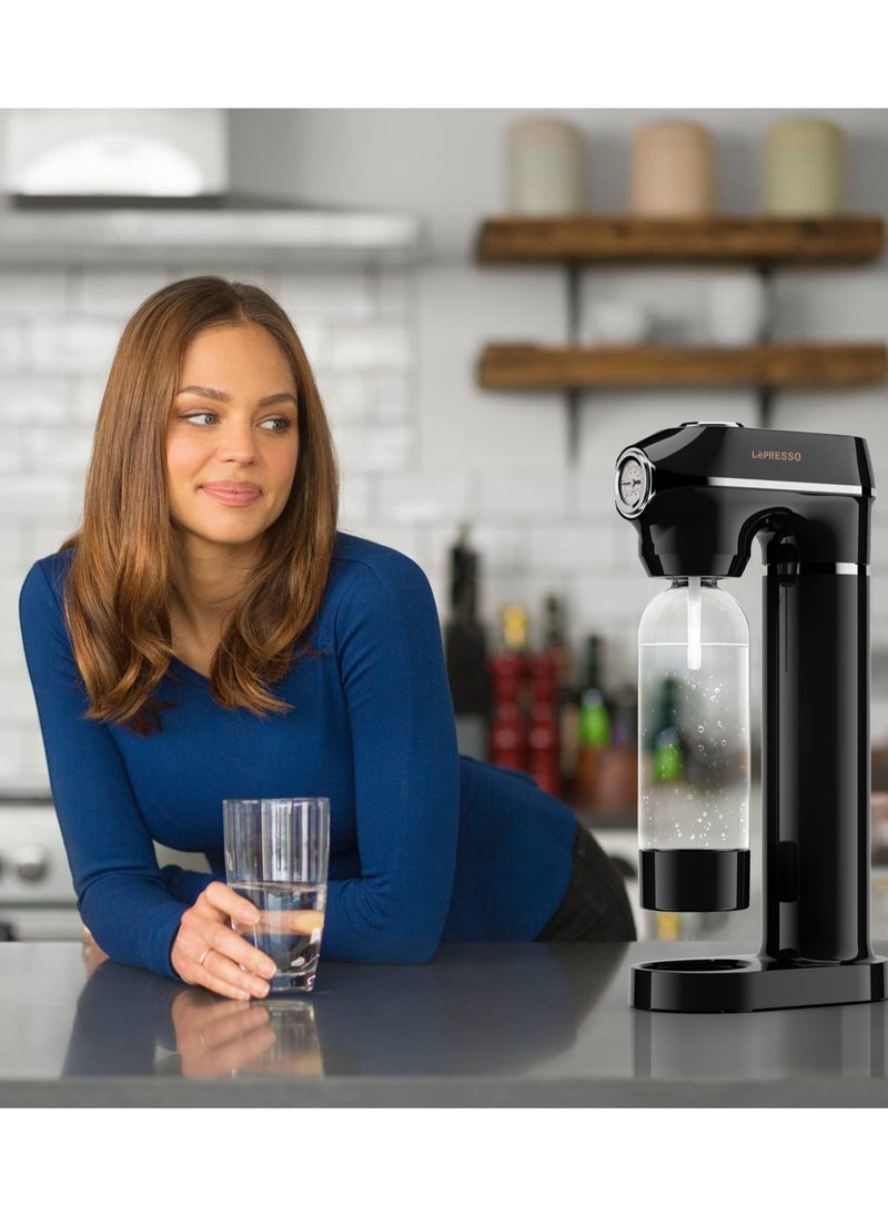LePRESSO - Sparkling Water Maker 1L with Three Capsules and Pressure Meter / Efficient Carbonation / Adjustable Fizz Pressure / One-Button Operation - Black - Image 1