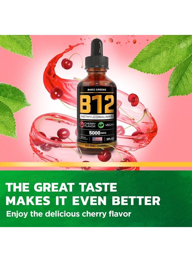 BASIC GREENS Vitamin B12 Sublingual (Vegan) 2 Fl Oz - Methylcobalamin B12 Vitamins 5000 mcg, B12 Liquid, Liquid B12, B12 Drops, Methyl B12, Cherry Flavor - Image 3