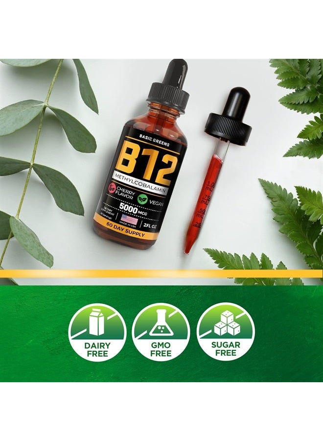 BASIC GREENS Vitamin B12 Sublingual (Vegan) 2 Fl Oz - Methylcobalamin B12 Vitamins 5000 mcg, B12 Liquid, Liquid B12, B12 Drops, Methyl B12, Cherry Flavor - Image 5