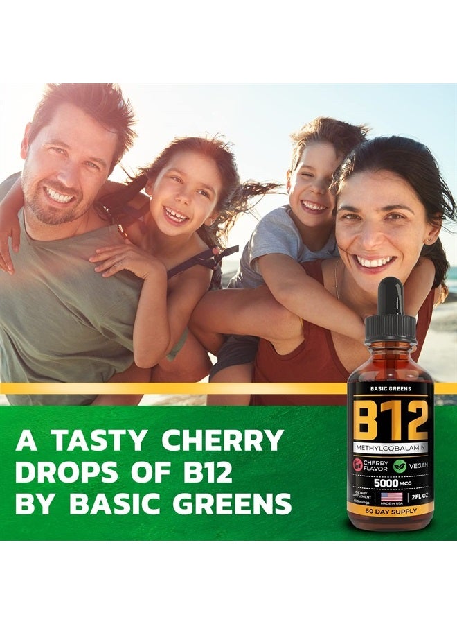 BASIC GREENS Vitamin B12 Sublingual (Vegan) 2 Fl Oz - Methylcobalamin B12 Vitamins 5000 mcg, B12 Liquid, Liquid B12, B12 Drops, Methyl B12, Cherry Flavor - Image 4