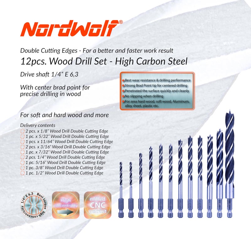 NordWolf 12-Piece Brad Point Wood Drill Bit Set for Carpenter Woodworking, Double Flutes Design with 1/4" Hex Shank, SAE Sizes 1/8" to 1/2" - Image 2