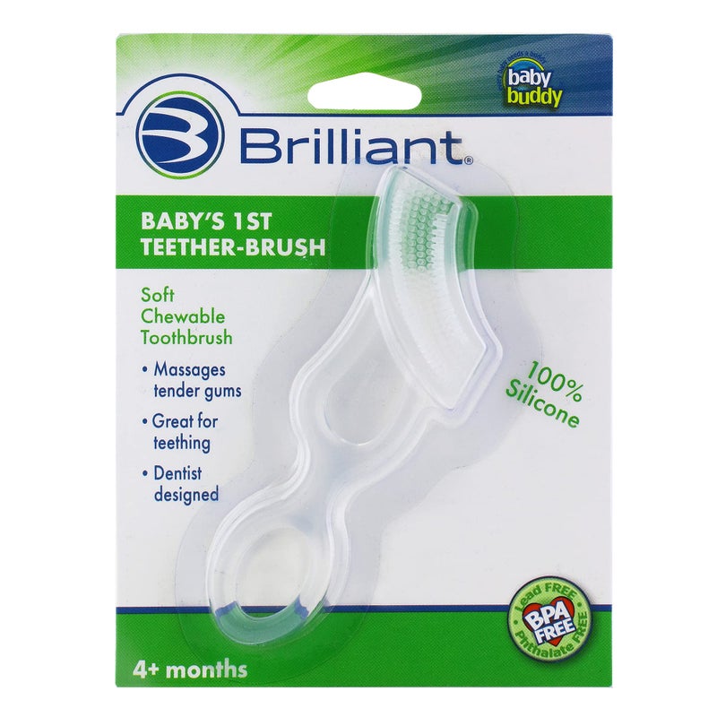 Brilliant Oral Care Babys First Toothbrush Smooth Silicone Bristles Gently Clean Tender Teeth and Gums for Ages 4 Months Clear 1 Pack