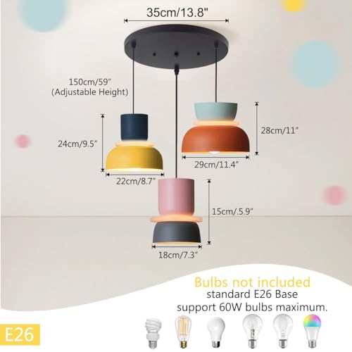 Qufute Nordic Modern Pendant Light Macaron Color Mid Century Hanging Light Fixture with Aluminum Shade Colorful Chandelier Ceiling Pendant Lights for Dining Room Kitchen (3-Light) - Image 2