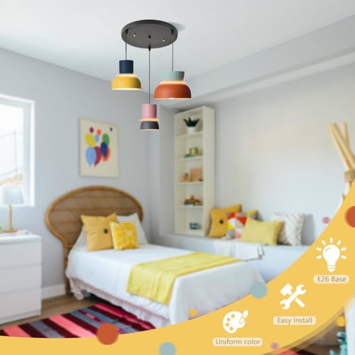 Qufute Nordic Modern Pendant Light Macaron Color Mid Century Hanging Light Fixture with Aluminum Shade Colorful Chandelier Ceiling Pendant Lights for Dining Room Kitchen (3-Light) - Image 4