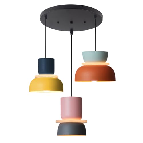 Qufute Nordic Modern Pendant Light Macaron Color Mid Century Hanging Light Fixture with Aluminum Shade Colorful Chandelier Ceiling Pendant Lights for Dining Room Kitchen (3-Light) - Image 1