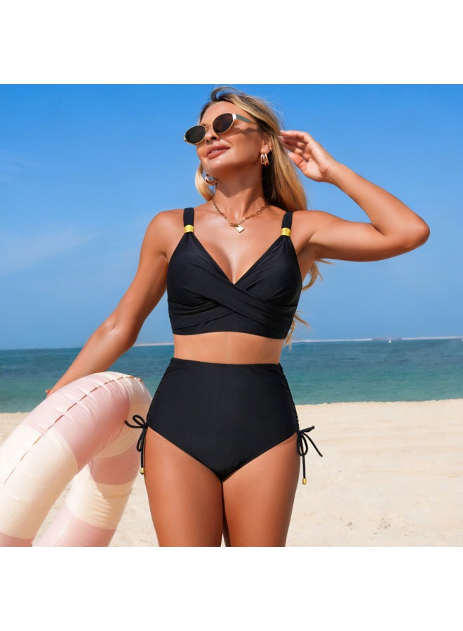 New European And American Two-piece Swimsuit Women's Solid Color Sport High-waist Popular Trade Bikini Ready Stock