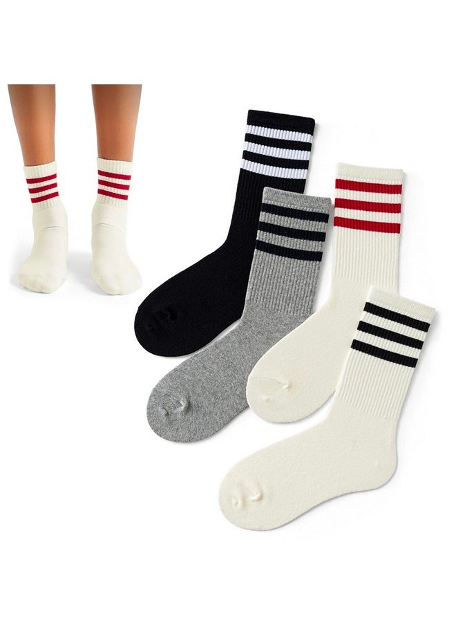 ForBaysy 4 PAIRS Retro Stripe Tube Socks Classic Athletic Sport Crew Socks For Women Casual Cotton Novelty Socks Unisex  - Image 1