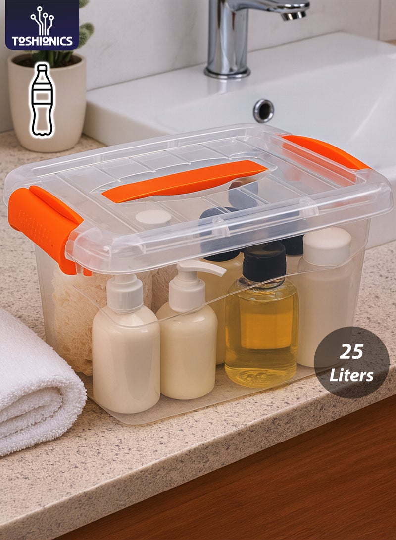 توشيونيكس صندوق تخزين بلاستيكي شفاف فاخر سعة 25 لترًا مع غطاء قابل للقفل ومقبض حمل وأقفال بمشبك - T114628 - صندوق منظم شفاف قابل للتكديس للملابس والألعاب والأدوات والوجبات الخفيفة وتخزين المنزل (41 × 30 × 23.5 سم) - Image 1