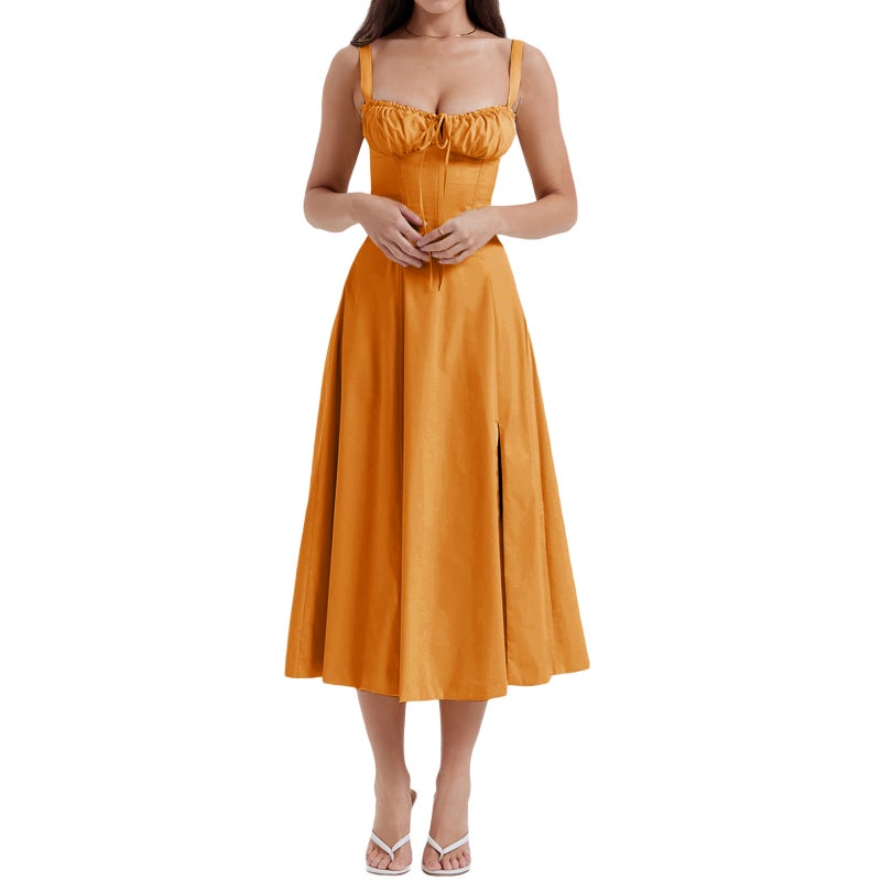 Summer French Style Slim A-Line Split Slip Dress Orange