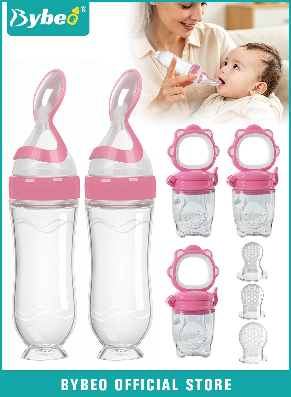 Bybeo 8 Pieces Baby Food Feeder Set: 2 Silicone Baby Feeding Spoons with Standing Base, 3 Baby Fruit Feeders, and 3 Sizes Replacement Pouches, Baby Fruit Feeder Pacifier, Squeeze Feeding Spoons, Infan