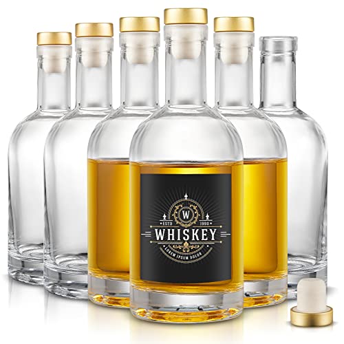 Mfacoy Set of 6 Glass Bottles, 12 oz Clear Liquor Bottles, Heavy Base Glass Bottle with T-Top Cap, Vodka Bottle for Wine Beverages Drinks Oil Vinegar Kombucha Beer with Cork Stopper Airtight Lid - Image 1