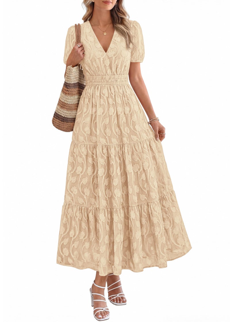 KIRUNDO Summer Dresses for Women 2026 Boho Flowy Casual Short Sleeve V Neck Elastic Waist Floral Long Baby Shower Maxi Dress(Apricot, Medium) - Image 1