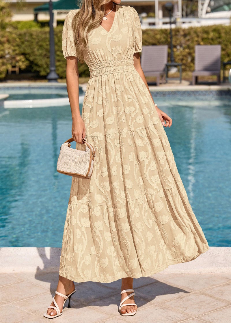KIRUNDO Summer Dresses for Women 2026 Boho Flowy Casual Short Sleeve V Neck Elastic Waist Floral Long Baby Shower Maxi Dress(Apricot, Medium) - Image 2