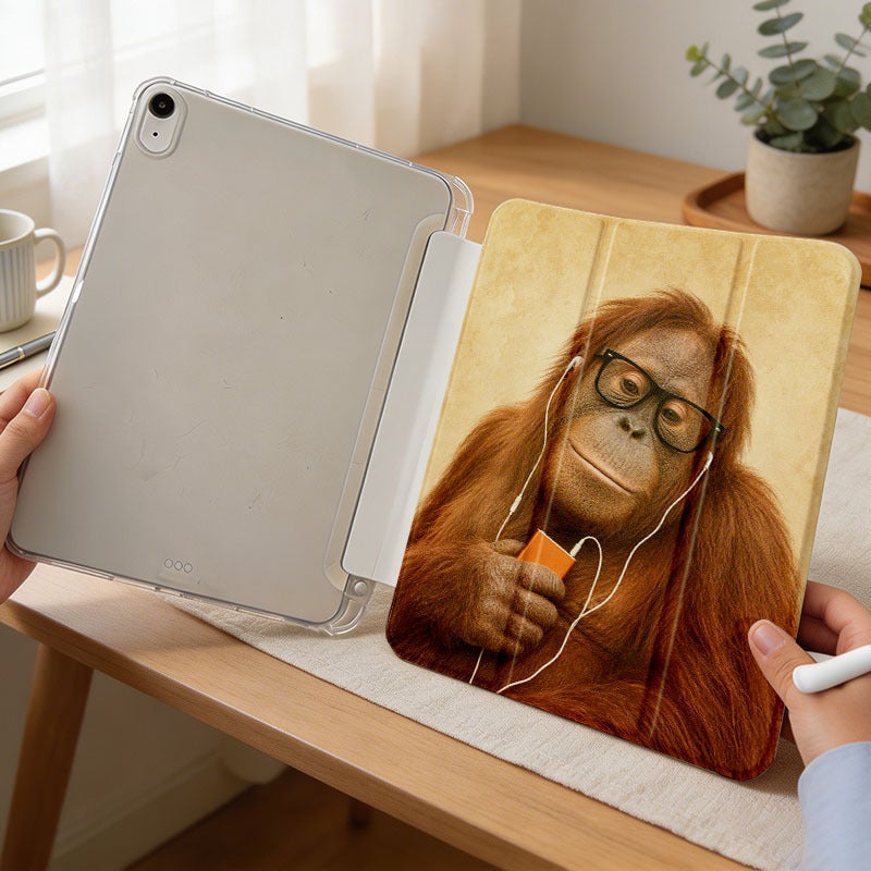 Tablet Case for iPad, Orangutan With Glasses Earbuds, iPad Clear Case for Mini Air Pro 4 5 6 7 8 9 10 11 12, Suitable for 7.9 8.3 9.7 10.2 10.5 10.9 11 12.9 13 inch Lightweight Clear Protective with Stand - Image 3