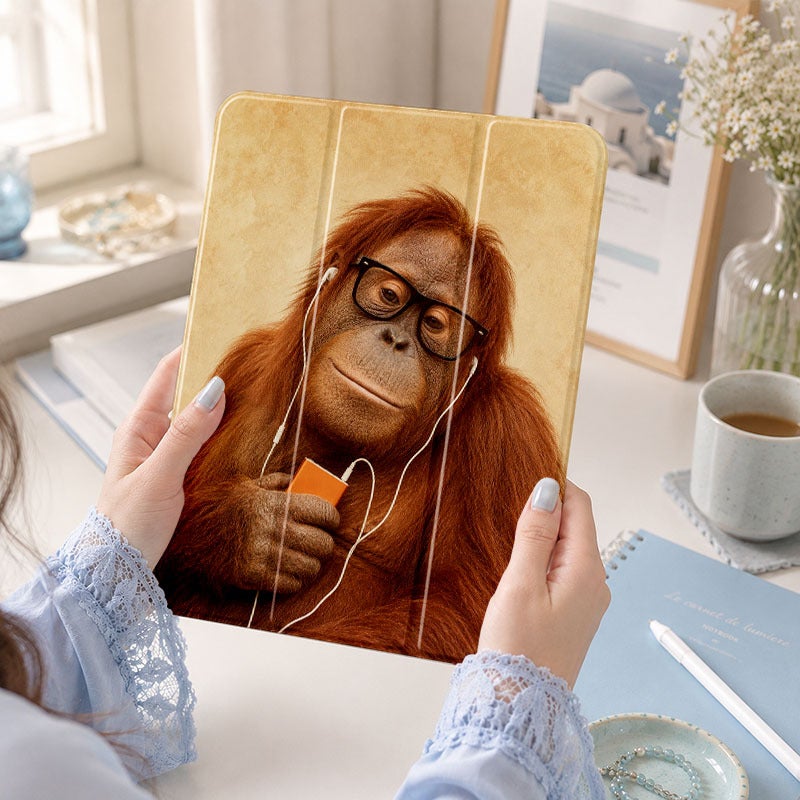 Tablet Case for iPad, Orangutan With Glasses Earbuds, iPad Clear Case for Mini Air Pro 4 5 6 7 8 9 10 11 12, Suitable for 7.9 8.3 9.7 10.2 10.5 10.9 11 12.9 13 inch Lightweight Clear Protective with Stand - Image 1