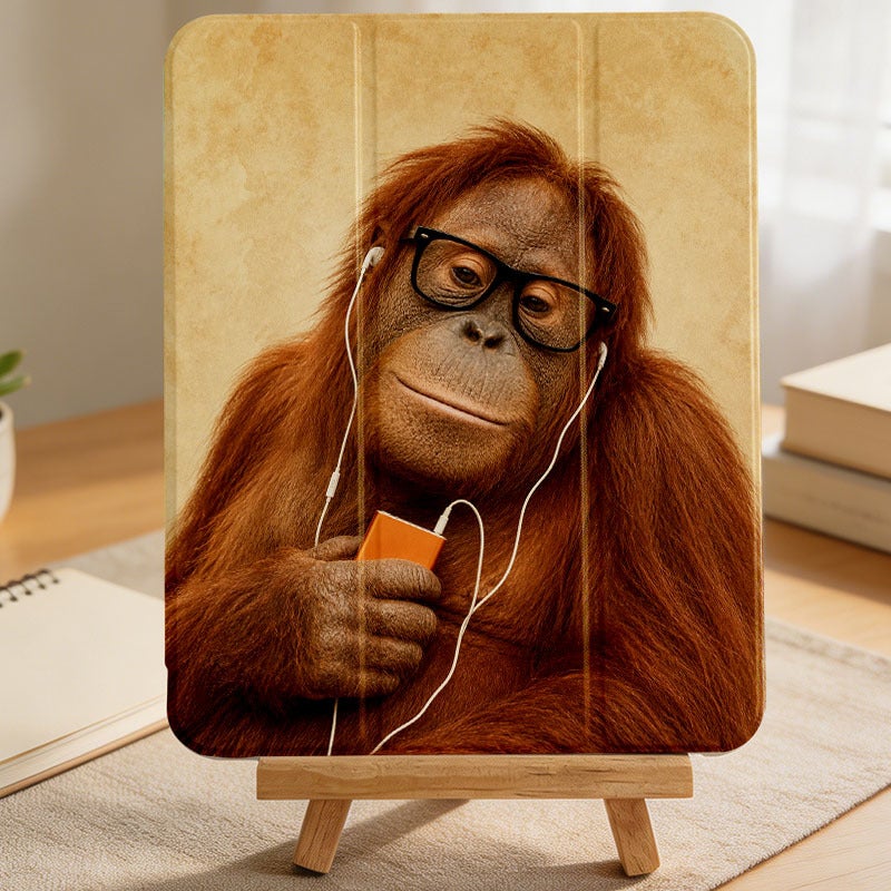 Tablet Case for iPad, Orangutan With Glasses Earbuds, iPad Clear Case for Mini Air Pro 4 5 6 7 8 9 10 11 12, Suitable for 7.9 8.3 9.7 10.2 10.5 10.9 11 12.9 13 inch Lightweight Clear Protective with Stand - Image 4