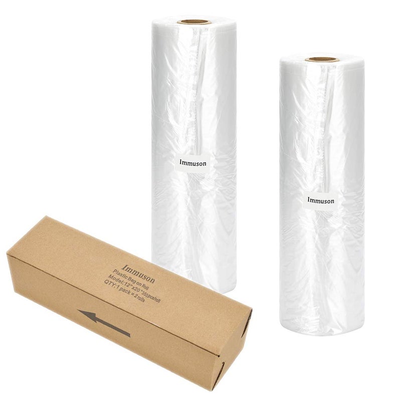 Immuson Food Storage Bags 12 x 20 Plastic Produce Bag on a Roll 2 Rolls Fruits Vegetable Bread Food Storage Clear Bags 350 Bags Per Roll 700 Bags