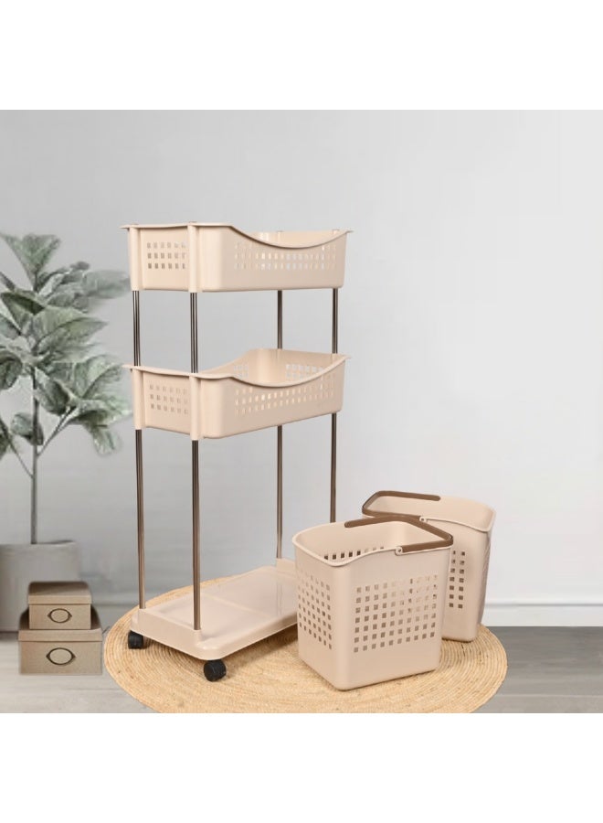Durable, multi-purpose, 3-tier plastic laundry basket with shelves for storage and organization – a practical laundry organizer for homes, bathrooms, and laundry rooms. - Image 1