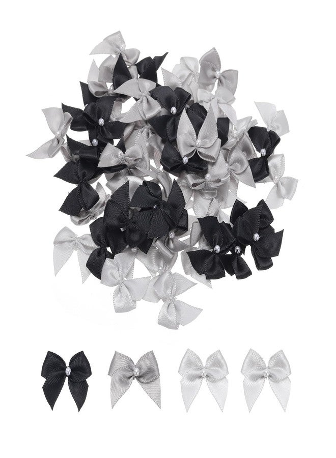 ميكسينيتي مجموعة ميكانيكسي، 60 قطعة من فيونكات الشريط الصغيرة باللون الأسود/الرمادي/الفضي مع لؤلؤ، زينة زهور شريطية مقاس 1 بوصة، مثالية للأعمال اليدوية، وخياطة فيونكات الشعر، وحفلات الزفاف، وتزيين الكريسماس. - Image 1