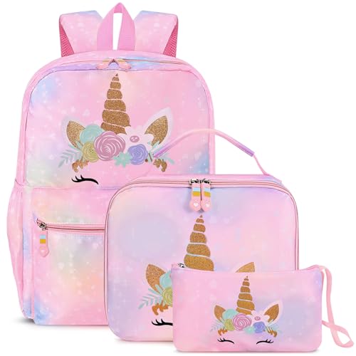 Cokouchyi 3 Pcs Kids Backpack Set with Lunch Box Pencil Case Lightweight Preschool Backpack for Girls Age 38 Kids Book bag Elementary Unicorn - Image 1