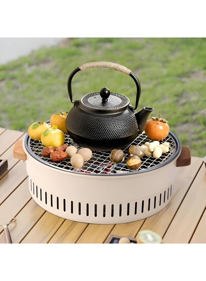 Portable Smokeless Charcoal Grill, Round BBQ Grill with Mesh Grate, 35.5cm Diameter, Beige, Outdoor Tabletop Barbecue - Image 1