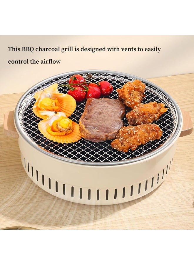 Portable Smokeless Charcoal Grill, Round BBQ Grill with Mesh Grate, 35.5cm Diameter, Beige, Outdoor Tabletop Barbecue - Image 4
