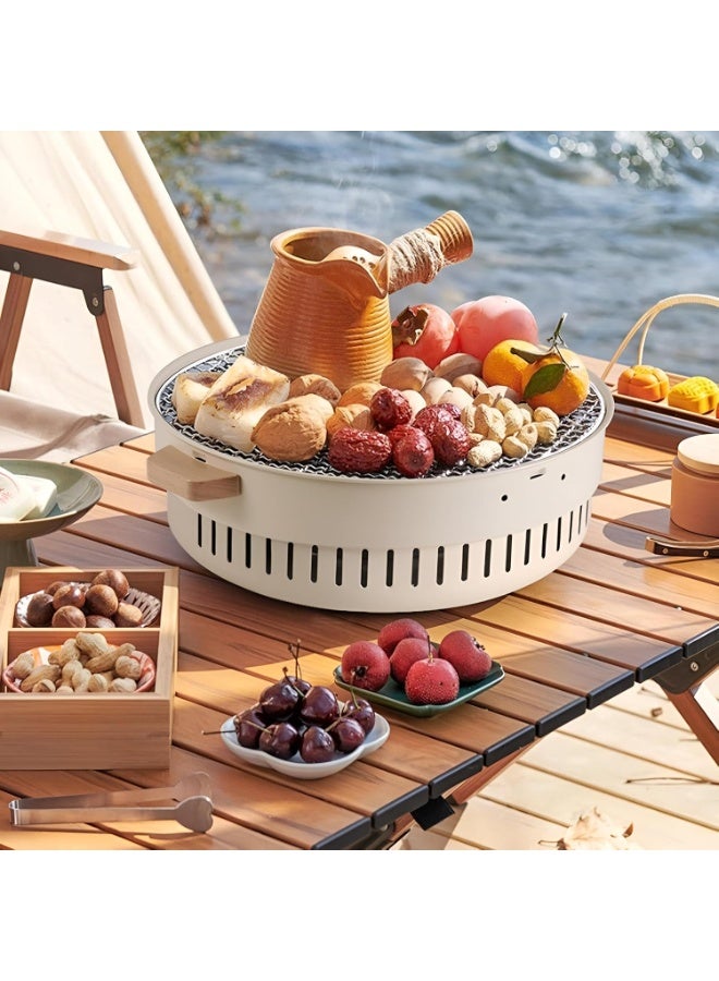 Portable Smokeless Charcoal Grill, Round BBQ Grill with Mesh Grate, 35.5cm Diameter, Beige, Outdoor Tabletop Barbecue - Image 5