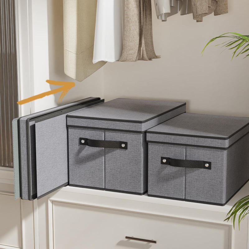 YheenLf Fabric Storage Bin with Lid, 7.1 x 9.1 x 13 Inch Foldable Storage Box for Shelves with Handles, Decorative Linen Closet Organizer, Gray, 1-Pack - Image 3