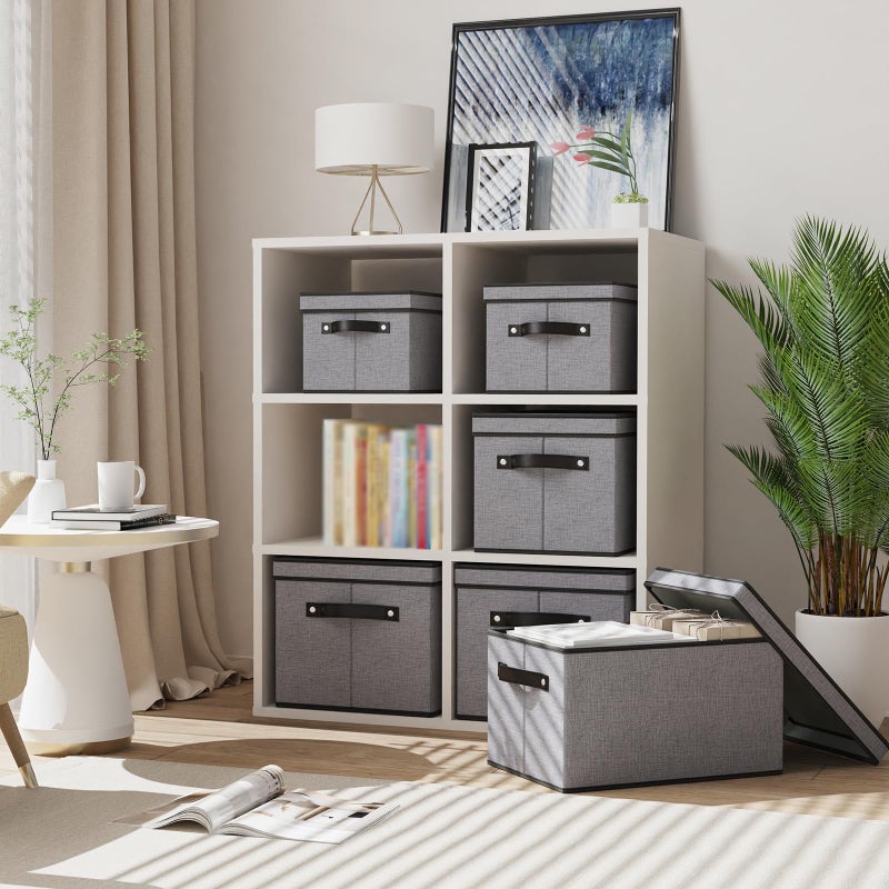 YheenLf Fabric Storage Bin with Lid, 7.1 x 9.1 x 13 Inch Foldable Storage Box for Shelves with Handles, Decorative Linen Closet Organizer, Gray, 1-Pack - Image 4