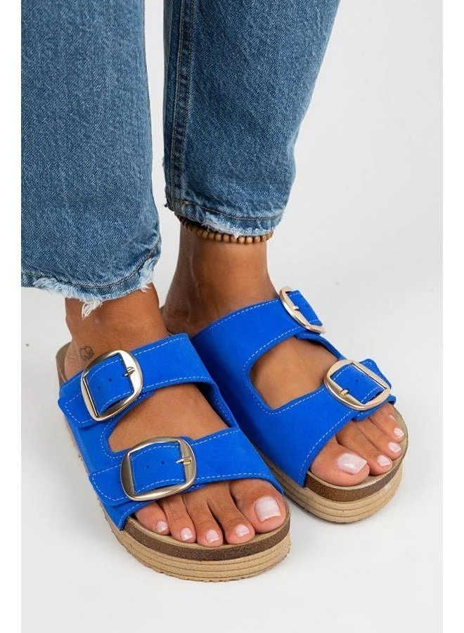 Selina Women's Genuine Leather Double Buckle Blue – Gold Slipper.