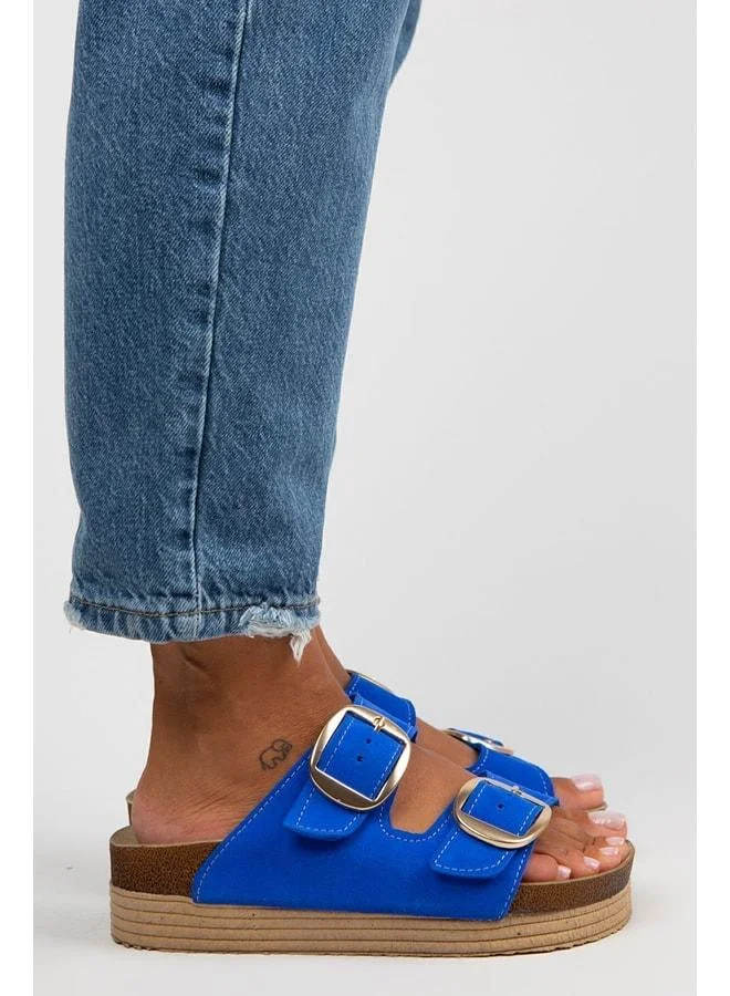 Manijero  Selina Women's Genuine Leather Double Buckle Blue – Gold Slipper. for Women | Best Price UAE