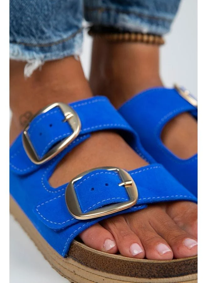 Manijero  Selina Women's Genuine Leather Double Buckle Blue – Gold Slipper. for Women | Best Price UAE