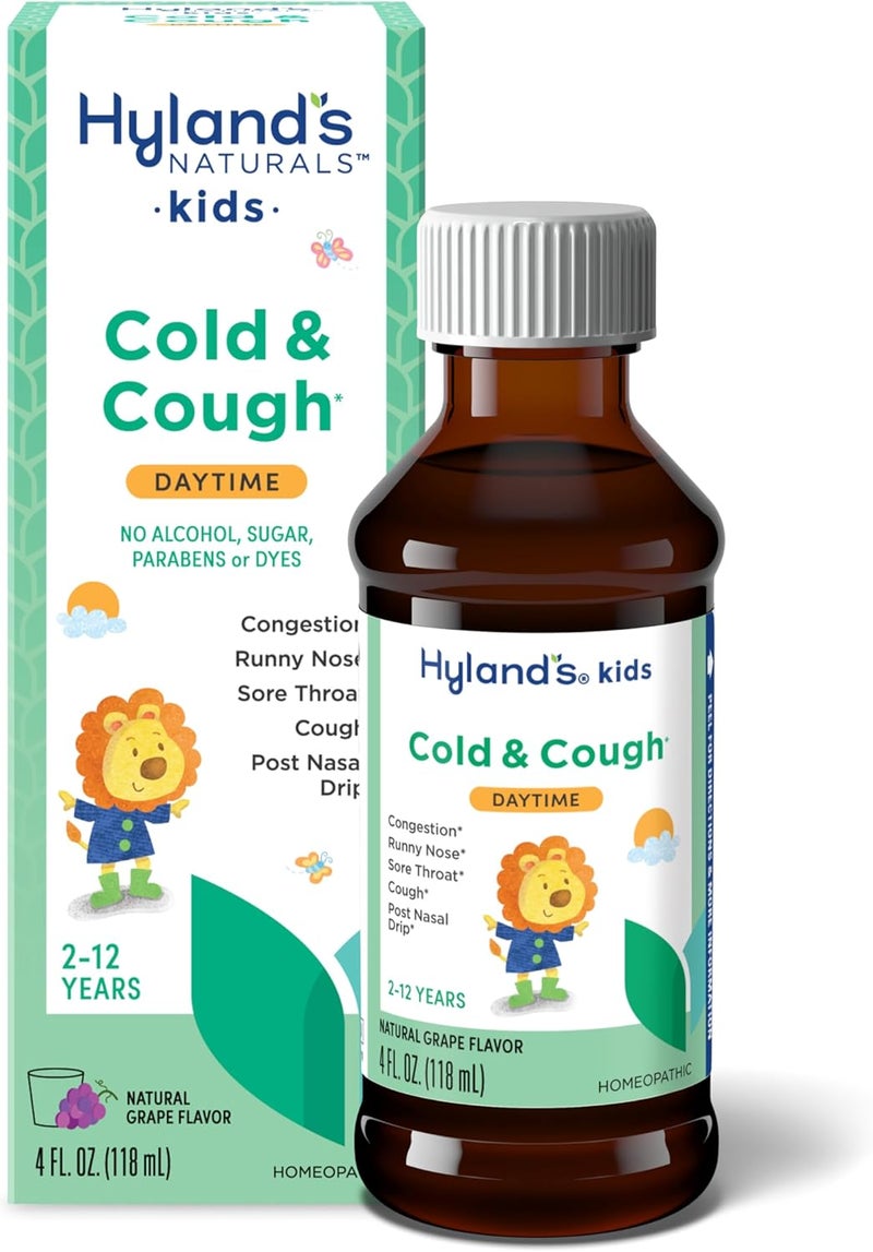 Hyland's Kids Cold and Cough, Daytime Grape Flavor Cough Syrup Medicine for Kids Ages 2 and up, Decongestant, Sore Throat Relief, Natural Treatment for Common Cold Symptoms, 4 Fl Oz