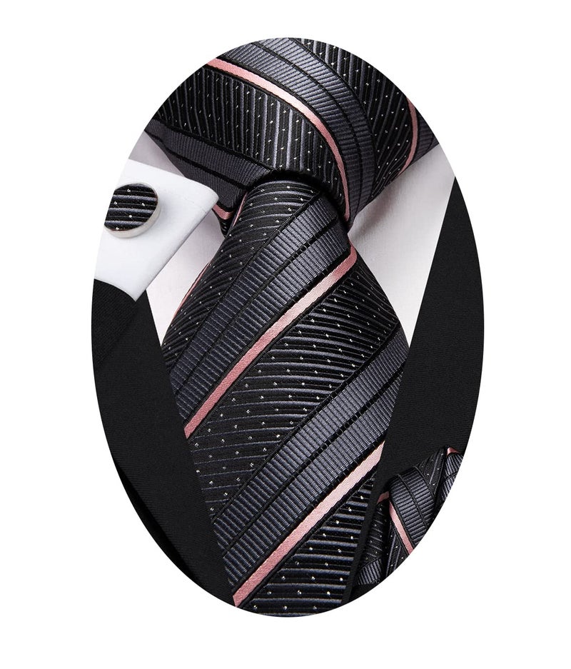 Hi-Tie Silk Ties for Men Plaid Paisley Striped Necktie Pocket Square Cufflinks Set Formal Business,Gray Pink - Image 1