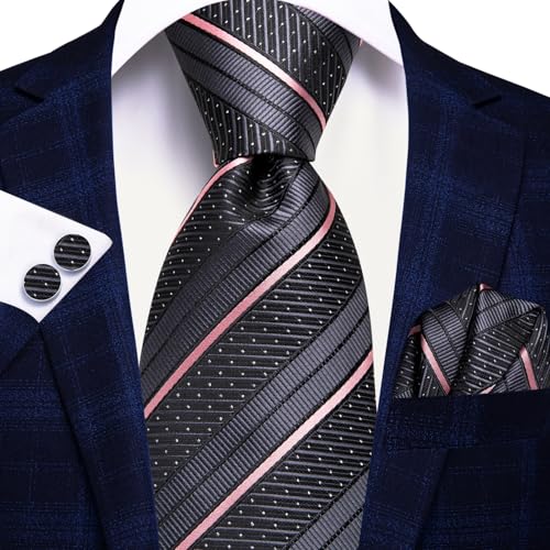 Hi-Tie Silk Ties for Men Plaid Paisley Striped Necktie Pocket Square Cufflinks Set Formal Business,Gray Pink - Image 3
