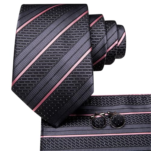 Hi-Tie Silk Ties for Men Plaid Paisley Striped Necktie Pocket Square Cufflinks Set Formal Business,Gray Pink - Image 2