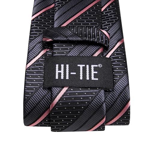 Hi-Tie Silk Ties for Men Plaid Paisley Striped Necktie Pocket Square Cufflinks Set Formal Business,Gray Pink - Image 5
