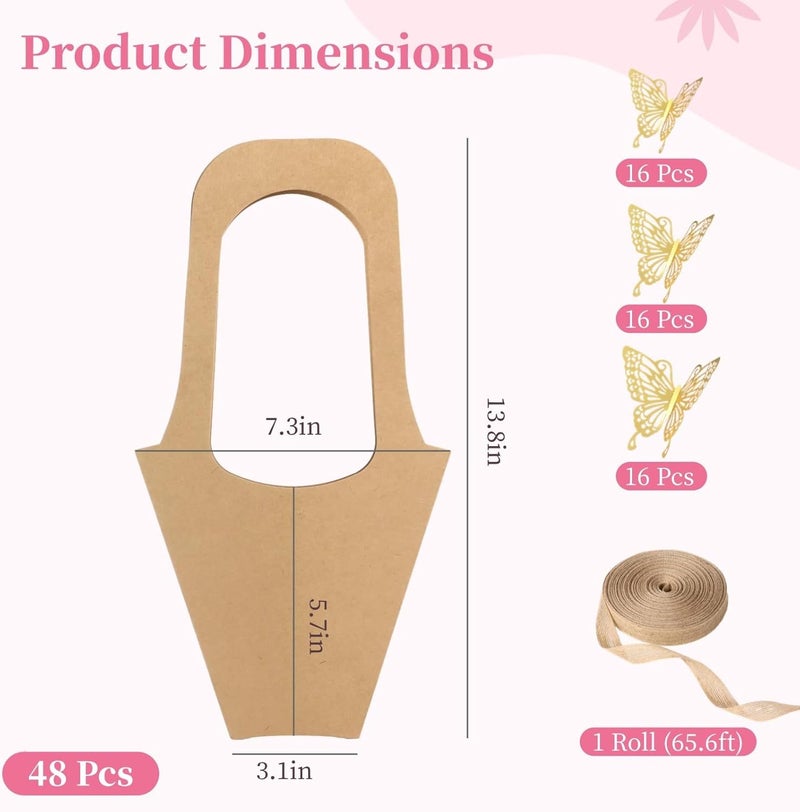 Wedding Floral Wrapping Bags, 3D Gold Butterfly Stickers,48 Pcs Flower Gift Bags, Burlap Ribbon Paper Bouquet Wrapping Gift Bags With Handles - Image 3