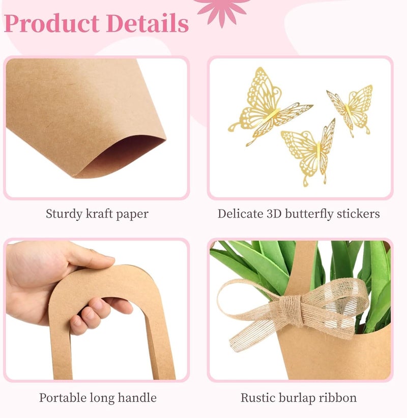 Wedding Floral Wrapping Bags, 3D Gold Butterfly Stickers,48 Pcs Flower Gift Bags, Burlap Ribbon Paper Bouquet Wrapping Gift Bags With Handles - Image 4