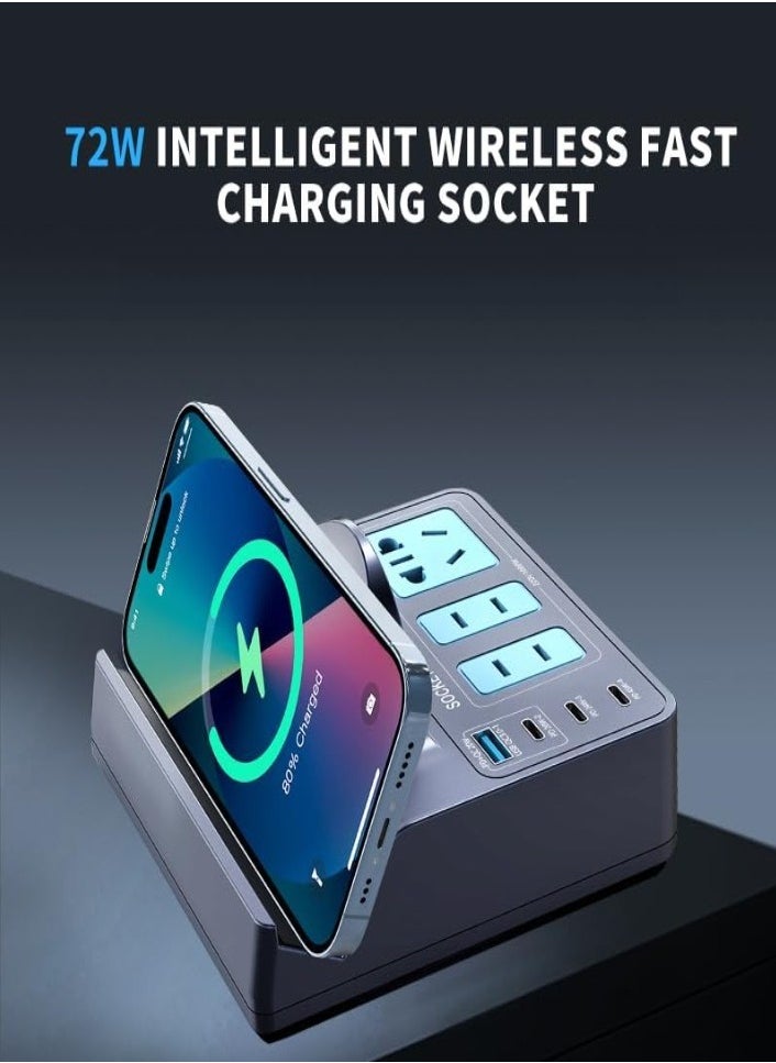 XVersion 72W Multiport Charging Station, Multi Socket Dock with 15W Qi Fast Wireless Charger, 2 AC, 3 Type-C & 1 USB-A, 1.8m Extension Cord for Home Office Dorm - Grey  - Image 2