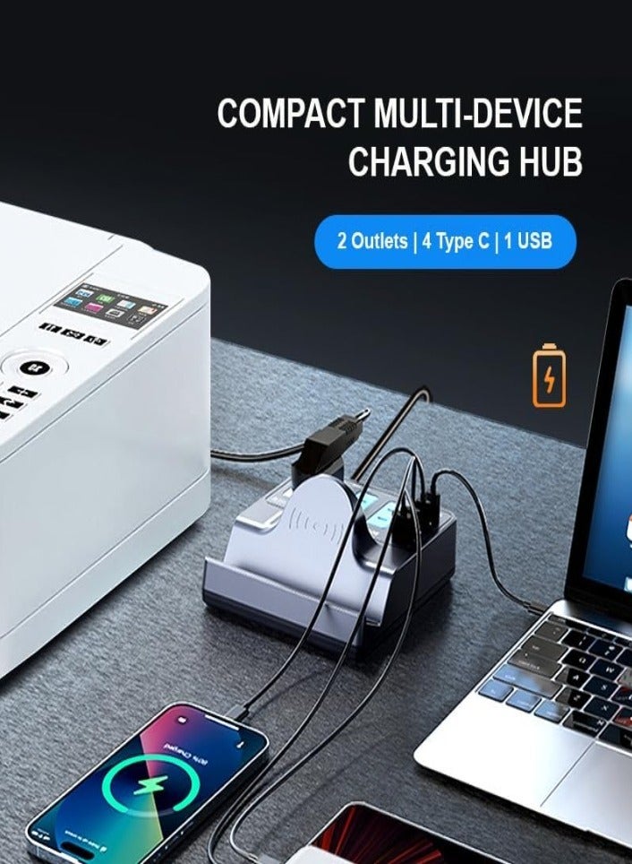 72W Multiport Charging Station, Multi Socket Dock with 15W Qi Fast Wireless Charger, 2 AC, 3 Type-C & 1 USB-A, 1.8m Extension Cord for Home Office Dorm - Grey