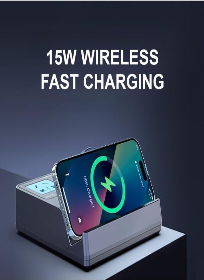 XVersion 72W Multiport Charging Station, Multi Socket Dock with 15W Qi Fast Wireless Charger, 2 AC, 3 Type-C & 1 USB-A, 1.8m Extension Cord for Home Office Dorm - Grey  - Image 3