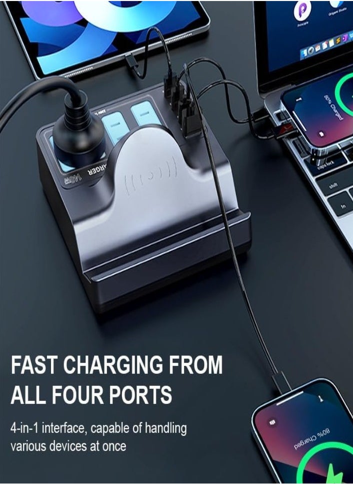 XVersion 72W Multiport Charging Station, Multi Socket Dock with 15W Qi Fast Wireless Charger, 2 AC, 3 Type-C & 1 USB-A, 1.8m Extension Cord for Home Office Dorm - Grey  - Image 5