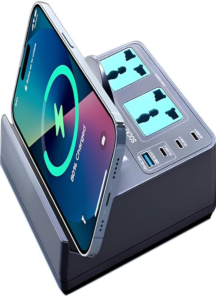 XVersion 72W Multiport Charging Station, Multi Socket Dock with 15W Qi Fast Wireless Charger, 2 AC, 3 Type-C & 1 USB-A, 1.8m Extension Cord for Home Office Dorm - Grey  - Image 1